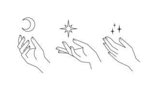 Aesthetic hands vector linear illustrations. Stylized elegant hand drawings with different gestures.