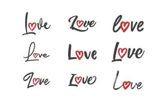 Love lettering with heart shape icon. Hand drawn style romantic card design. vector