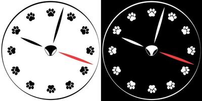 Clock illustration with paw prints instead of numbers. Dial made from pet paw prints. Black and white illustration. vector