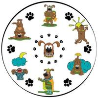 Dogs clock face background. Clock with illustrations of funny dogs instead of a dial. vector