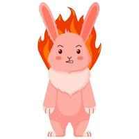 Angry bunny with a fire on a white background. Emotion of anger. Cute cartoon character in bad mood. vector