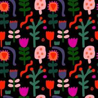 Seamless pattern with flowers and plants on a black background. vector