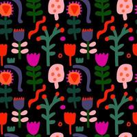 Seamless pattern with flowers and plants on a black background. vector