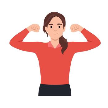 Winning gesture of happy confident woman expressing positive emotion. Successful smiling female character showing strength with fists up. Flat vector illustration isolated on white background