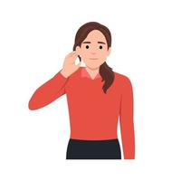 joven bonito sonriente mujer escuchando con su mano en un oído aislado terminado blanco antecedentes facial expresión con gesto. plano vector ilustración aislado en blanco antecedentes