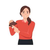 Young unhappy woman showing empty wallet. Financial Failure. Flat vector illustration isolated on white background