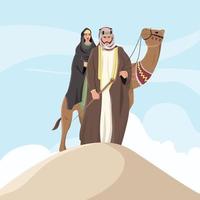 Arab prince and princess. fairy tale. Walking on the desert with camel in ancient clothes. Desert landscape. Flat vector illustration isolated on white background