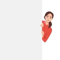 Young Curious Woman Character Peeking From Behind Wall with Rectangular Shape and Looking Outside. Portrait of Cheerful woman Peeping or Watching for Something. Flat vector illustration isolated