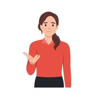 Young woman standing and talking with hand gesture trying to convict. Ask people to join. Flat vector illustration isolated on white background