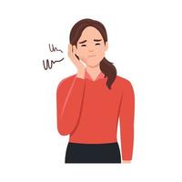 Toothache and problems with teeth concept. Young sad unhappy woman holding cheek due to toothache having expression of pain in swollen cheeks. Flat vector illustration isolated on white background