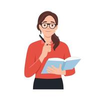 Thoughtful woman with open textbook puts pen to chin remembering correct answer to questions. Perplexed girl student casual t-shirt stands with book to prepare for exams. Flat vector illustration