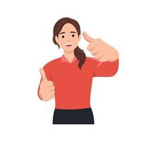 Like sign joy, approval happiness concept. Young happy smiling woman or girl teenager cartoon character showing thumbs up. Success and goal achievement facial expression. Flat vector illustration