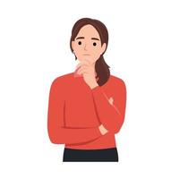 Young woman with her hand on her chin showing a thought, thinking, or having a question. Flat vector illustration isolated on white background