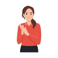 Young happy cunning woman girl teengaer cartoon character planning something tricky moving fingers near chest smiling mysteriously looking aside. Flat vector illustration isolated on white background