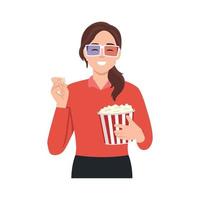 Young beautiful woman sitting in the auditorium and watching a 3D movie. A girl in 3D glasses sits in a red armchair and holds a container with popcorn vector