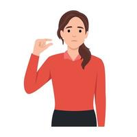 Little bit and small amount concept. Smiling young woman cartoon character showing little bit gesture. Flat vector illustration isolated on white background