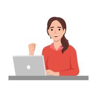 Excited happy business woman or girl sit at desk looks at laptop screen read incredible news clench fists makes yes. Flat vector illustration isolated on white background