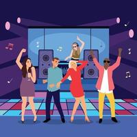 Disco party people. Men and women have fun on dance floor. Musical night club. Cartoon guys or girls dancing at discotheque. DJ at remote control playing music vector