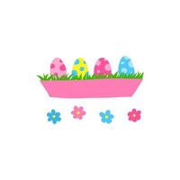 Doodle eggs with grass in long container. vector