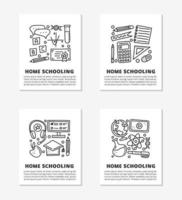 Cards with lettering and doodle outline education, e-learning icons. vector
