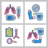 Groups of doodle colored pulmonology items. vector