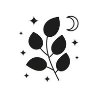 Black celestial leafy branch and stars, crescent moon. vector