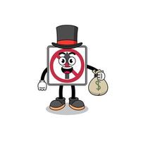 no thru movement road sign mascot illustration rich man holding a money sack vector