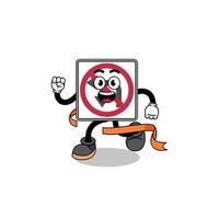 Mascot cartoon of no left or U turn road sign running on finish line vector