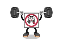 no U turn road sign mascot cartoon lifting a barbell vector