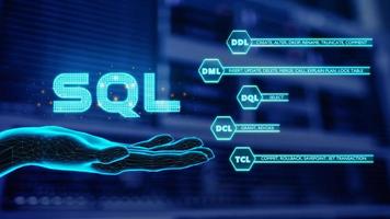 Hand showing SQL word with Database server background. SQL commands are mainly categorized into five categories as DDL, DQL, DML, DCL, TCL. Concept of Structured Query Language code. 3D render. photo