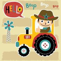 Young farmer on tractor with windmill, vector cartoon illustration