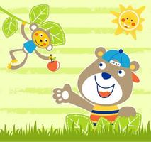 funny monkey holding fruit in tree branches with cute bear, smiling sun on striped background, vector cartoon illustration