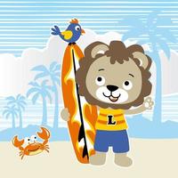 Cute lion holding surfboard with bird and crab on palm trees background, vector cartoon illustration