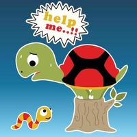 funny turtle on tree stump with caterpillar, vector cartoon illustration