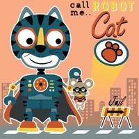 Funny robot cat catching criminal mouse on buildings background, vector cartoon illustration