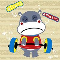 Cute hippo lifting heavy barbell on bricks background, vector cartoon illustration