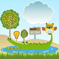 Funny crocodile with owl in swamp, woodland animals, vector cartoon illustration