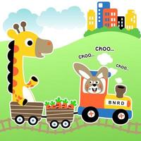 Funny rabbit and giraffe on steam train loading carrots, vector cartoon illustration