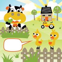 Funny farm animals in farm field, farming elements, vector cartoon illustration