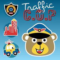 Cute bear wearing police cap with police car, logo and buildings, vector cartoon illustration