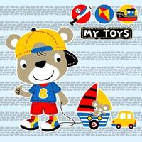 Cute bear cartoon with it toys, little mouse on sailboat toy, vector cartoon illustration