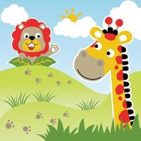 Funny giraffe and lion playing hide and seek, vector cartoon illustration