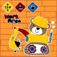 Cute bear driving construction vehicle with construction sign on brick background, vector cartoon illustration