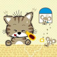Little cat holding hair dryer with two mice on bricks wall background, vector cartoon illustration