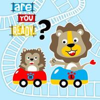 Cute lion with hedgehog playing roller coaster, vector cartoon illustration