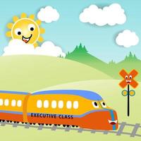 Funny fast train with railway sign, smiling sun behind clouds, vector cartoon illustration