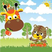 Cute giraffe and tiger in fruits in the forest, vector cartoon illustration