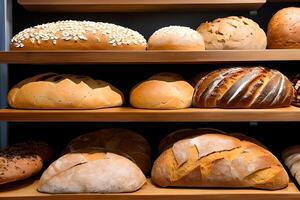 Various bread selling at the display bakery shop shelf. photo