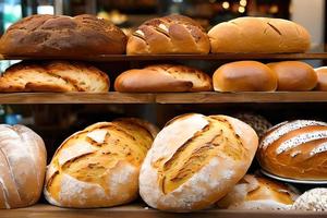 Various bread selling at the display bakery shop shelf. photo