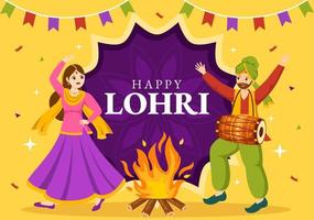 Happy Lohri Festival of Punjab India Illustration with Playing Dance and Celebration Bonfire in Flat Cartoon Hand Drawn for Landing Page Templates vector